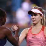 INDIAN WELLS, CA - MARCH 12:  Eugenie Bouchard of Canada is congratulated by Sloane Stephens of USA during day six of the BNP Paribas Open at Indian Wells Tennis Garden on March 12, 2016 in Indian Wells, California.  (Photo by Julian Finney/Getty Images)