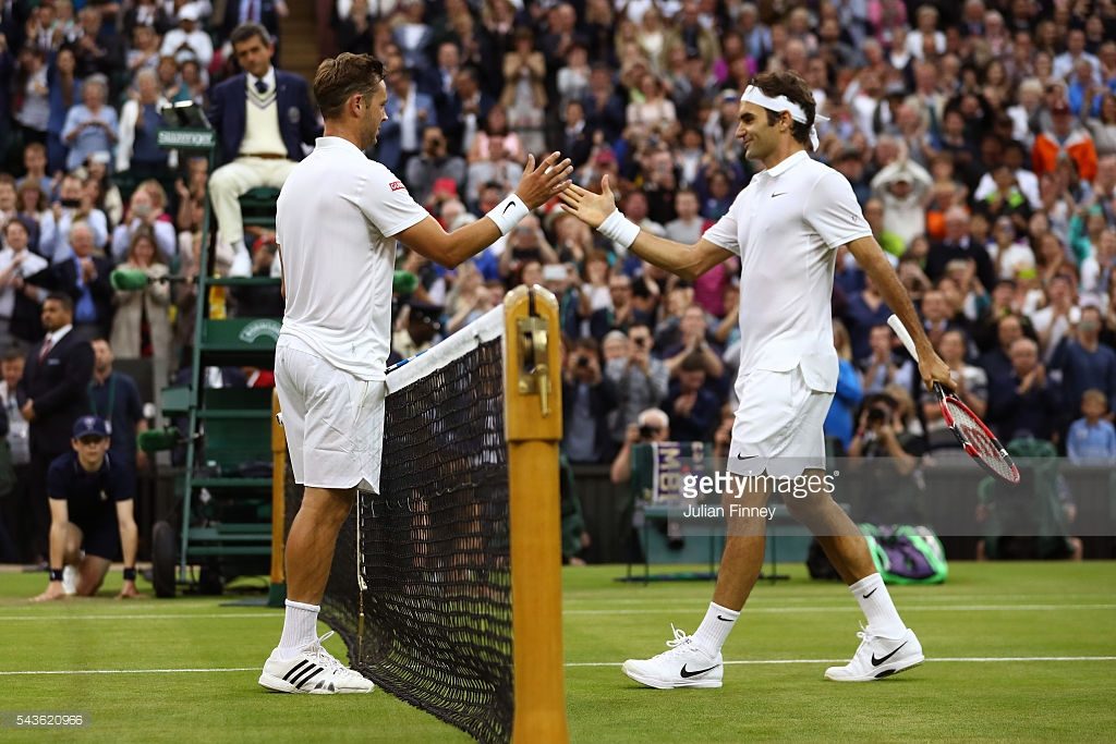 **** during the **** against **** on day three of the Wimbledon Lawn Tennis Championships at the All England Lawn Tennis and Croquet Club on June 29, 2016 in London, England.