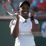 INDIAN WELLS, CA - MARCH 11:  Sloane Stephens celebrates her victory over Victoria Azarenka of Belarus during the BNP Paribas Open on March 11, 2018 at the Indian Wells Tennis Garden in Indian Wells, California.  (Photo by Jeff Gross/Getty Images)