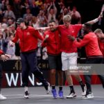 CHICAGO, IL - SEPTEMBER 22:  Team World Kevin Anderson of South Africa celebrates with his teammates after defeating Team Europe Novak Djokovic of Serbia in their Men's Singles match on day two of the 2018 Laver Cup at the United Center on September 22, 2018 in Chicago, Illinois.  (Photo by Matthew Stockman/Getty Images for The Laver Cup)