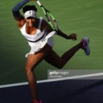 INDIAN WELLS, CALIFORNIA - MARCH 09: Venus Williams of the United States plays a forehand against Petra Kvitova of the Czech Republic during their women's singles second round match on day six of the BNP Paribas Open at the Indian Wells Tennis Garden  on March 09, 2019 in Indian Wells, California. (Photo by Clive Brunskill/Getty Images)